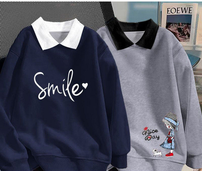 1+1 여성 긴팔 맨투맨 봄 가을 패션 캐주얼 폴로넥 상의 루즈핏 긴팔티 기질 풀오버 맨투맨 티셔츠 2P CY