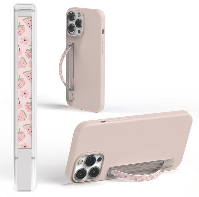 SLEEKSTRIP 휴대폰 그립 뒷면용 초박형 손가락 홀더 킥스탠드 스마트폰 무선 충전기, 반투명 x 핑크 베리멜론