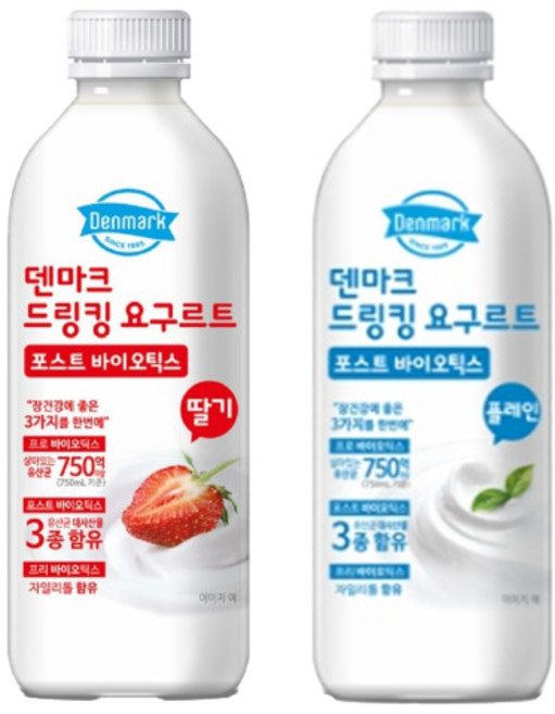덴마크 드링킹요구르트 750mL 딸기4+플레인4/총8개/대용량/냉장무배, 8개