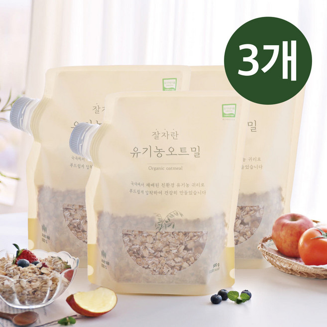 [오트밀 세트] 잘자란 국내산 유기농 100% 오트밀 500g 아기오트밀 퀵 오트밀 이유식 압착 귀리 납작눌린 대왕마개 죽 롤드오트 퀵 포리지, 3개