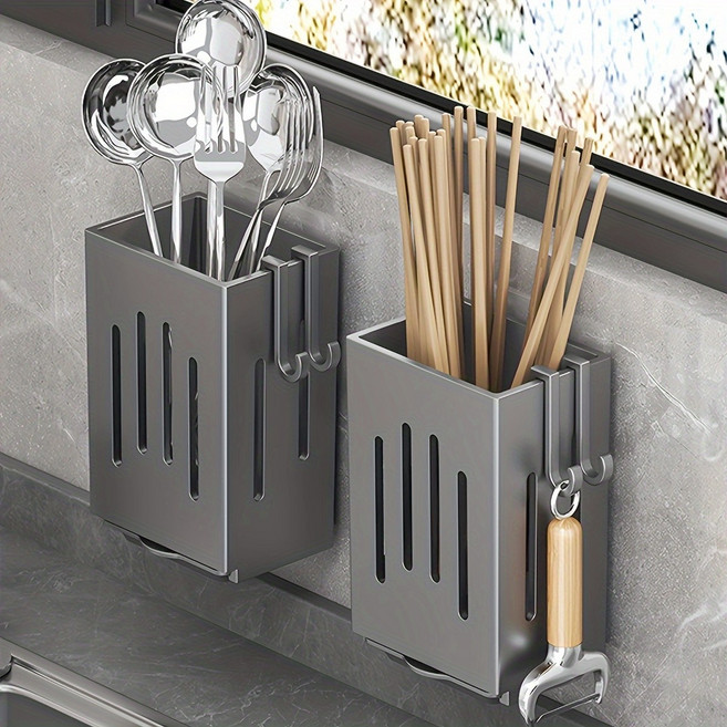 수저통2개 벽걸이형 기구 홀더 젓가락/도구용 디자인 후크 및 배수 트레이가 있는 쌓을 정리함 주방/기숙사, 03 그레이