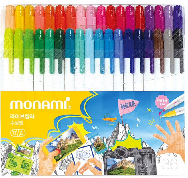 모나미 라이브칼라 혼합 36색 트윈 사인펜 세트 수성 싸인펜 마카펜 둥근닙, 1개
