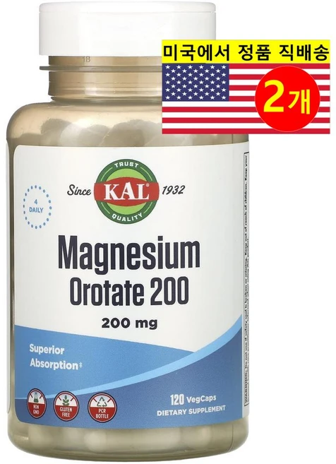 KAL 마그네슘오로테이트 200 50mg 베지캡슐 120정, 2병 - 쿠팡