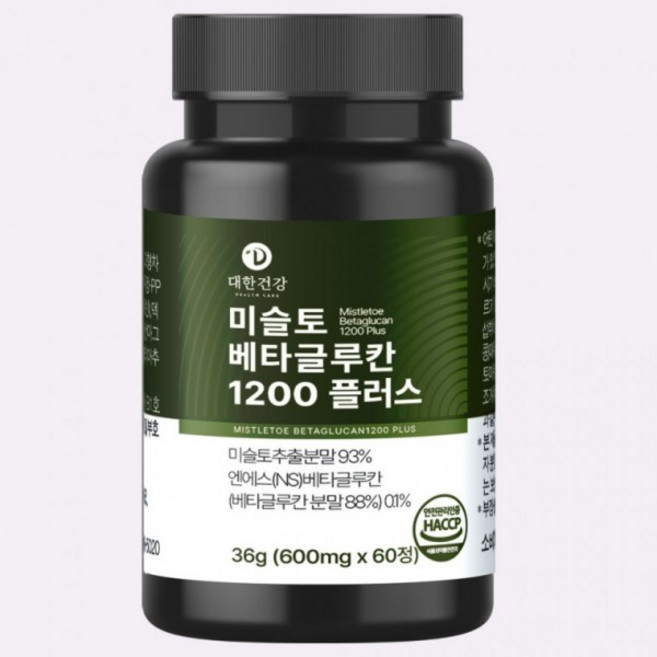 대한건강 미슬토 추출물 베타글루칸 1200 플러스 1통 60정 겨우살이 타히보 상황버섯 아티초크 엽산, 1개