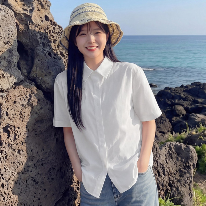 라뷰드 여성 루즈핏 베이직 반팔 셔츠 블라우스 봄가을 여름 데일리 오피스 정장 기본 심플 오버핏 카라넥 상의