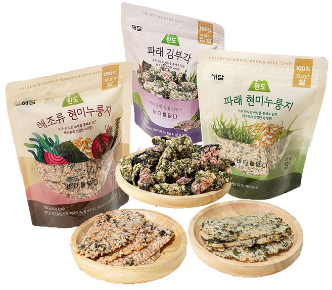 해담 국산100% 완도 파래 현미누룽지 수제 포켓 과자 해담3종세트(파래현미누룽지+해조류현미누룽지+김부각), 150g