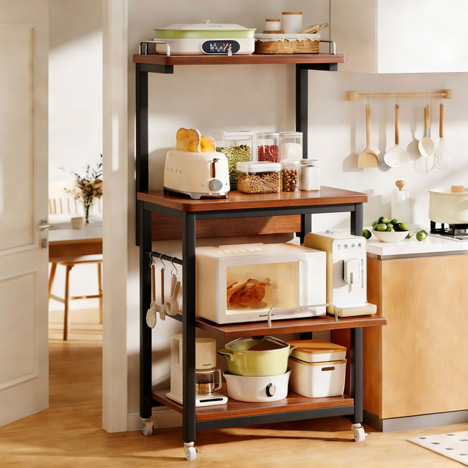 SeekFun 주방 수납장 트롤리 슬라이딩 선반 다용도 대용량 이동식 정리대 렌지대 전자레인지 4단 800, 블랙/Black