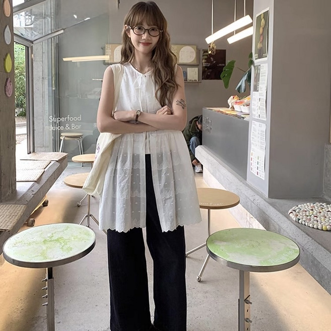 로엔나 여성 오버핏 시스루 셔츠 빅사이즈 민소매 블라우스