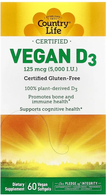 Country Life 컨트리 라이프 비건 인증 D3 125mcg(5 000IU) 비건 소프트젤 60정 해바라기 오일 콜레칼시페롤 포함, 1팩 - 쿠팡