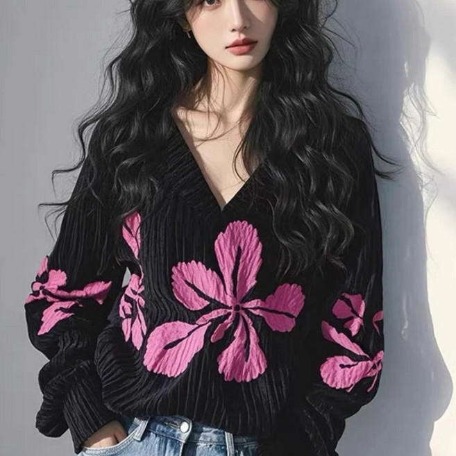 미중 여성 봄가을 뉴 나른 니트 셔츠 고급 섹시 날씬 플라워 프린트 브이넥 긴팔 yf