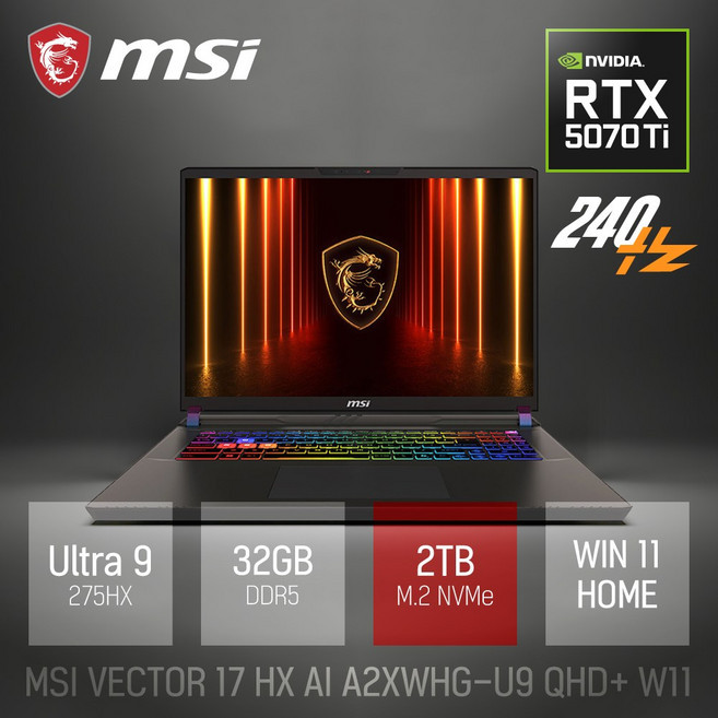 MSI 벡터 17 HX AI A2XWHG-U9 QHD+ W11 / 17인치 대화면 240Hz 고주사율 고성능 RTX5070 Ti AI 노트북 [사은품 증정], WIN11 Home, 32GB, 2TB, 블랙
