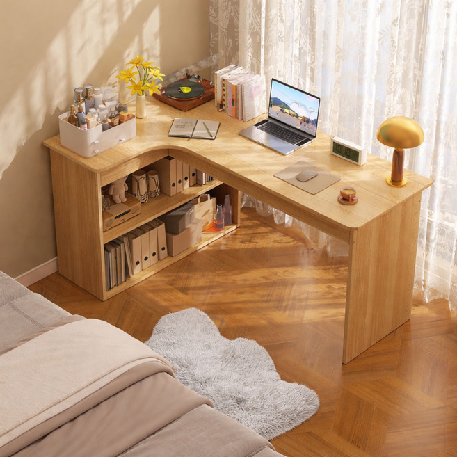 코너형 책상 책장 일체형 컴퓨터 테이블 사무실 재택근무 공간절약 가구, 연한 브라운 좌측 코너