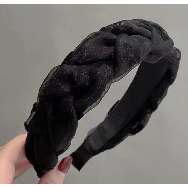 BEAGLE 韓式甜美風 麻花辮花朵網紗髮箍, 1個, 黑色黑花-1個, 黑色黑花