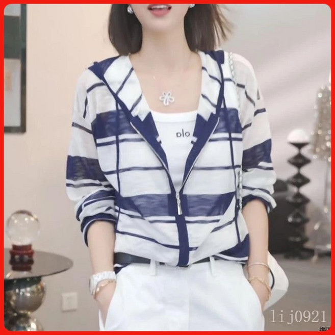 條紋防曬外套女 薄長袖外套 夏季空調衫女 海邊防曬衣 超薄透氣
