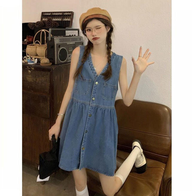 미중 여성 여름 뉴 끈나시 등이 드러난 미디엄 데님 섹시 날씬 원피스 cxyf