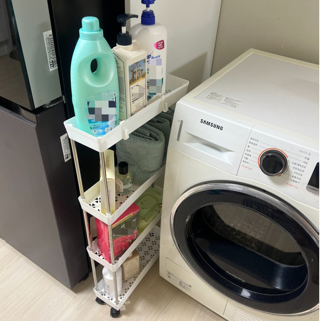 제이에스맘 이동식 스테인레스 틈새 폭좁은 트롤리 수납선반, 1개, 3단