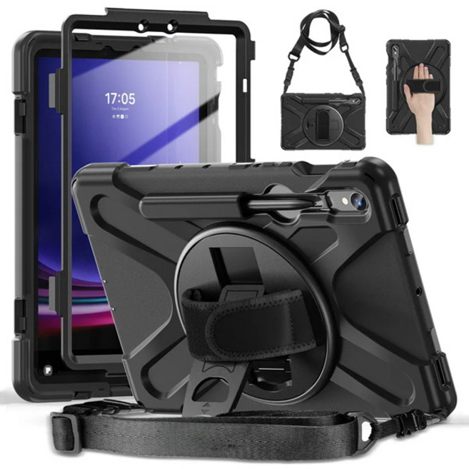 갤럭시탭 S10 S9 S8 S7 울트라 플러스 FE 12.4인치 14.6인치 실리콘 3중보호 범퍼 케이스 거치대 스트랩, atn108 블랙, 1개
