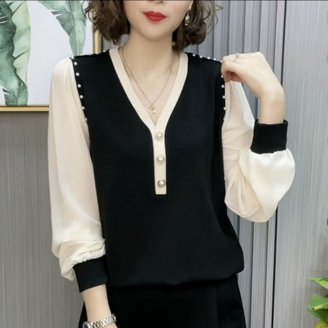 FANSYLI 블라우스 30세 40세 여성 심플 루즈핏 통근 셔츠 패션 브이넥 가짜 투피스 셔츠 오피스룩 데일리룩 엄마옷 빅사이즈 X2508A21
