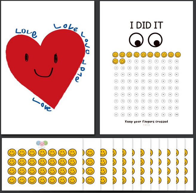 풀필 감성 유니크 포스터 습관체크 목표달성 루틴 챌린지 위클리 플래너 챌린지 100일 B4 사이즈 칭찬스티커판 칭찬스티커 세트, 02_럽럽럽, 3세트