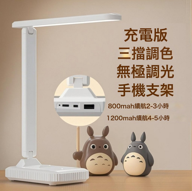 led摺疊檯燈宿舍閱讀燈學生學習專用護眼usb牀頭燈臥室氛圍小夜燈, 白色:充電款4-5小時【1200毫安+三色可調+數據線】