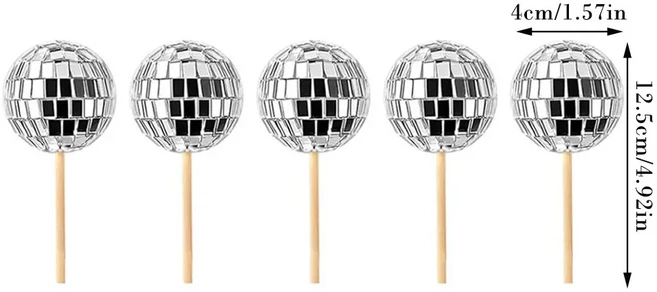 미러 볼 케이크 장식 실버 디스코 토퍼 80s 파티 컵케익 웨딩 생일 크리스마스 용품, 5pcs 4CM