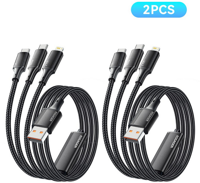 Essager 100W 7A 3in1 멀티 고속충전 케이블 2개입, 블랙, 2개, 1.2m