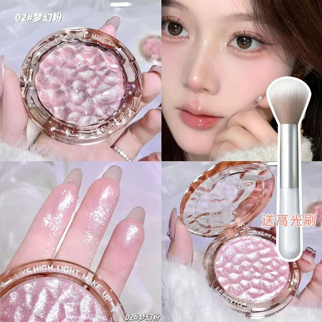 浮雕鑽石高光閃粉 細緻珠光提亮臉部鎖骨, 1個, 02#夢幻粉*+高光刷6.5g