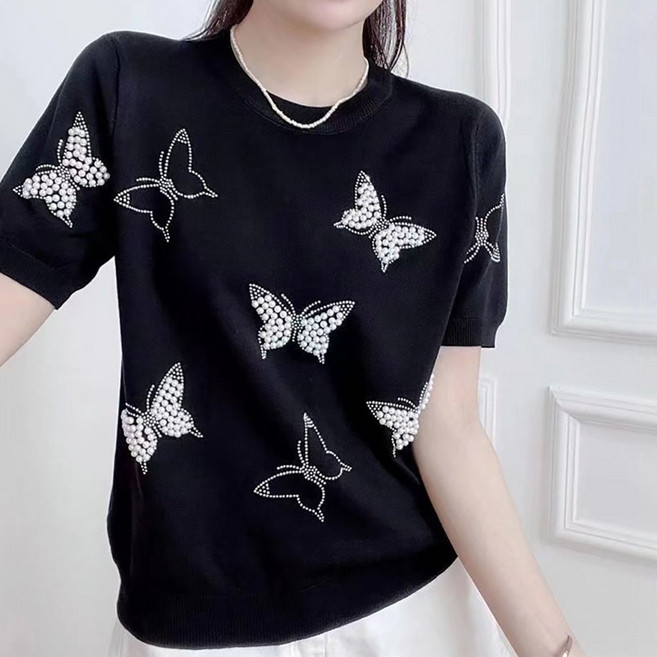 로르카 여성 라운드넥 진주 버터플라이 장식 니트티 데일리 패션 반팔 티셔츠 E01031609