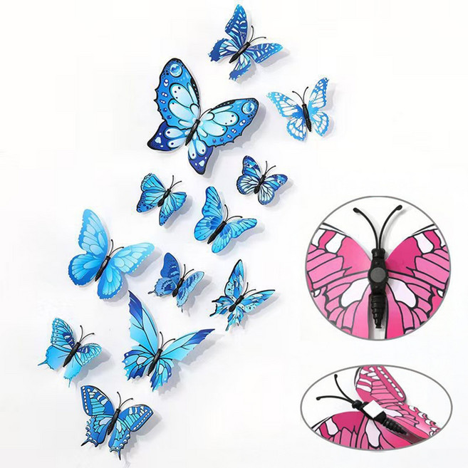 미즈코스 3set 12p 자석부착 입체 나비 포인트 스티커 3d 벽지 데코 아이방 벽장식, 블루