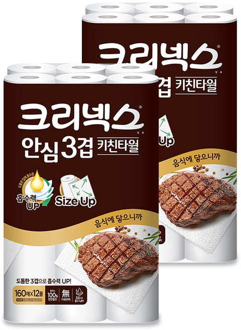 크리넥스 안심 3겹 키친타월 160매 x 12롤 x 2팩, 12개입, 2세트