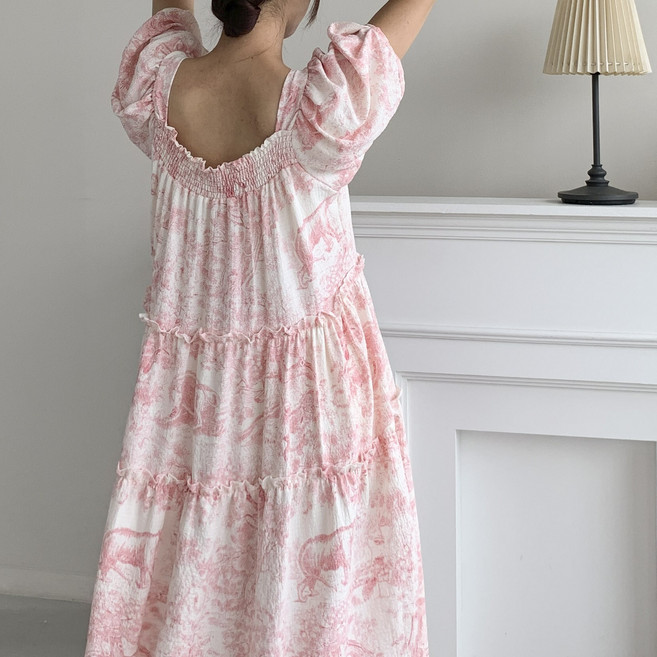 행복여 아리 벌룬 소매 캉캉 스퀘어넥 홈웨어 파자마 원피스