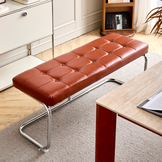 피피포피 네핀 체어 긴의자 가죽 버튼 현관 식탁 벤치 대기의자, 브라운, 1개