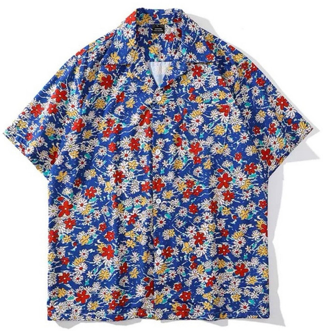 韓系小花短袖古巴領襯衫 男士休閒時尚花襯衫 夏季透氣舒適上衣