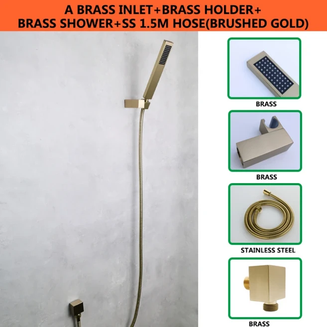콘센트 커넥터가있는 골드/그레이/블랙/크롬 핸드 샤워 세트 휴대용 강우량 1/2/3 기능 샤워 황동 홀더 1.5, 04 Gold 1 Outlet