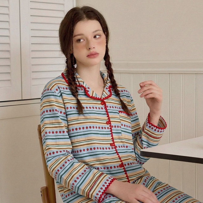 라블라네 파이핑 얇은 긴팔 파자마 잠옷 수면안대 세트