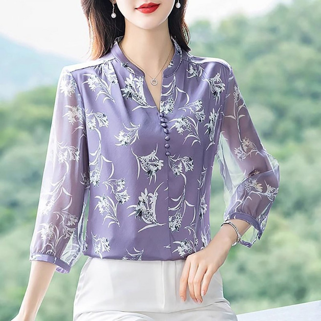 ROYALBELLE 여성 꽃무늬 중년 7부 소매 블라우스 고급 얇은 쉬폰 블라우스 F01030434