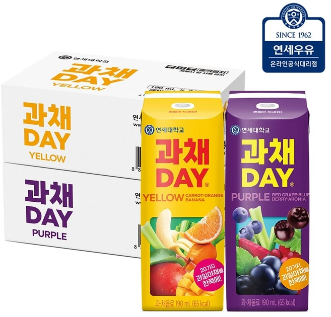 [연세우유] 과채데이 옐로우 24팩 + 퍼플 24팩 190ml (총48팩)_YS304+YS308, 48개 - 쿠팡