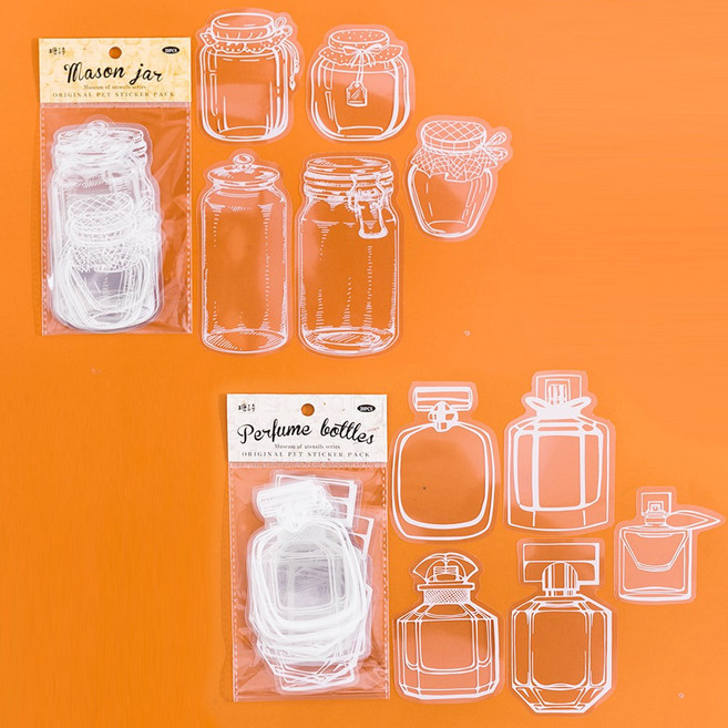 올리브파티 압화 드라이 플라워 빈티지 꽃병 화병 보틀 투명 다꾸 스티커 세트, 메이슨세트+향수세트
