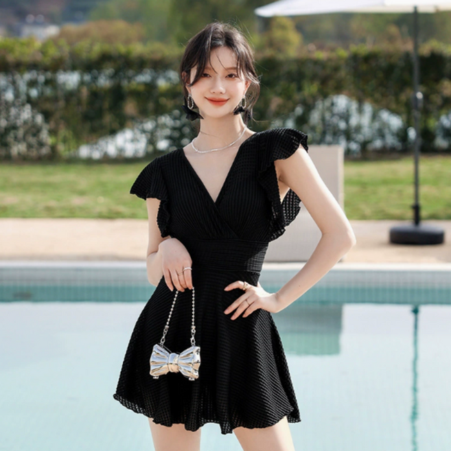 여성 체형커버 수영복 치마 원피스 모노키니 커버업 빅사이즈, 블랙