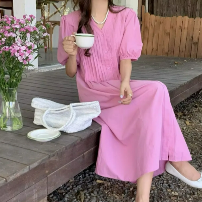 쩐쿠 여성 여름 러블리 셔링 디테일 퍼프소매 셔츠형 롱원피스 K0349