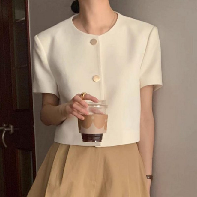 비비디아 썸머 여성 시원소재 반팔 캐주얼 자켓 빅사이즈 정장 심플 라운드넥 재킷 5491