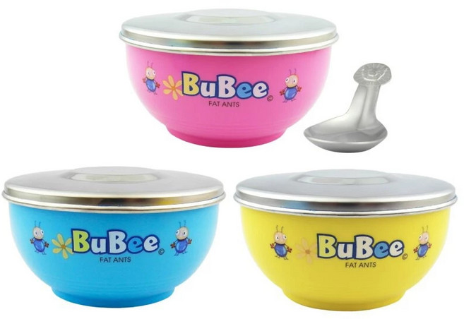 BuBee 不鏽鋼隔熱碗 附蓋匙, ST蓋三入組（三色各一), 3個, 隔熱兒童碗附蓋