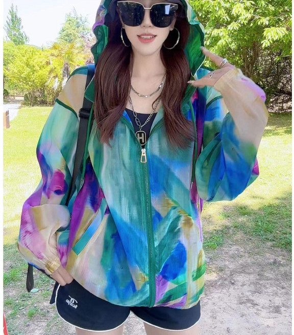 여름 아이스 속건 경량자켓 루즈핏 프린트 시원한 후드집업 바람막이 얇은 코트