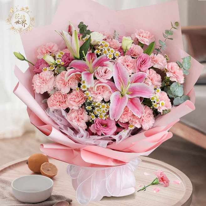 花語世界 康乃馨 百合 玫瑰 鮮花花束, 1個, 【推薦款】19朵粉康+4朵百合