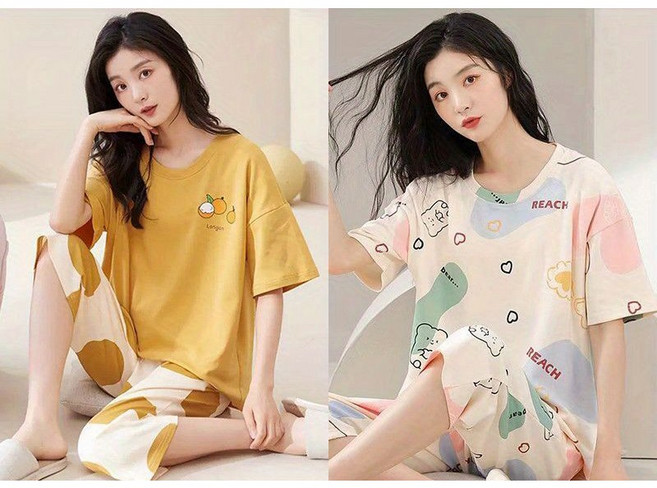 1+1 여성 여름 반팔 파자마 세트 캐주얼 라운드 상의 + 7부 반바지 상하의 투피스 루즈핏 데일리 훔웨어 잠옷 CY