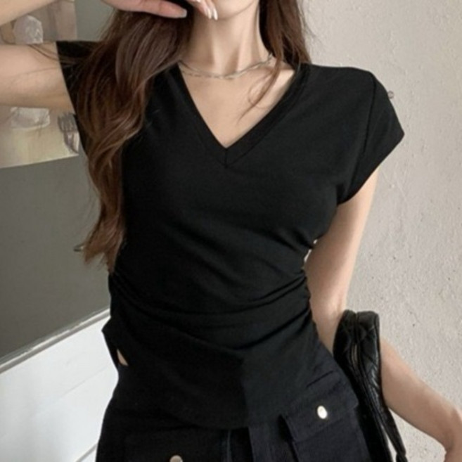 야오야오 브이넥 밑단 굴림 셔링 슬림핏 반팔 티셔츠