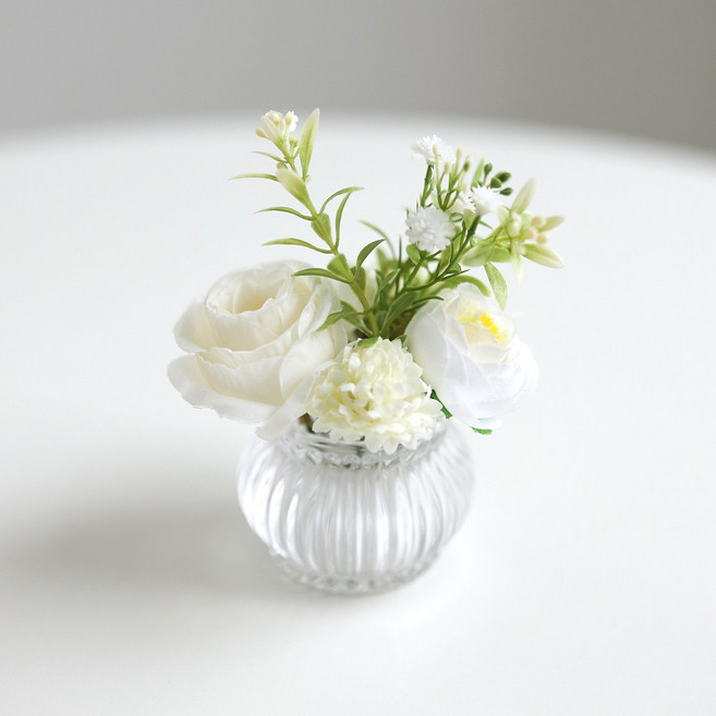 케이트가든 자체제작 미니 유리 화병 조화 세트, 1개, 화이트