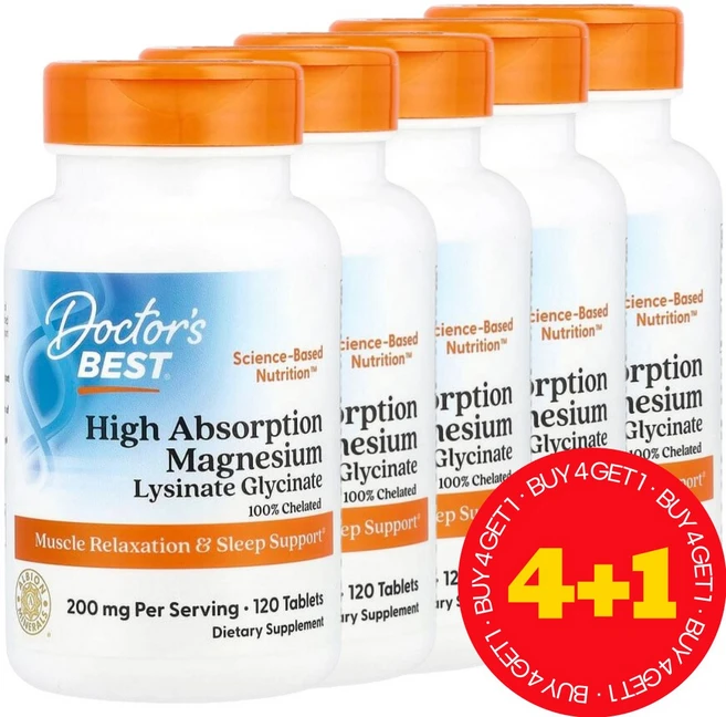 [4+1] 닥터스베스트 Doctor's BEST 고흡수 마그네슘 리시네이트 글리시네이트 200mg 120정 / 해외직구 미국정품, 5개 - 쿠팡