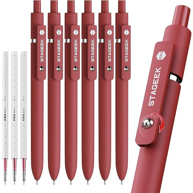 STAGEEK 레드 젤 펜 6개의 퀵 드라이 레드 잉크 펜 3개의 리필 추가 일기 작성, 6Pcs Red