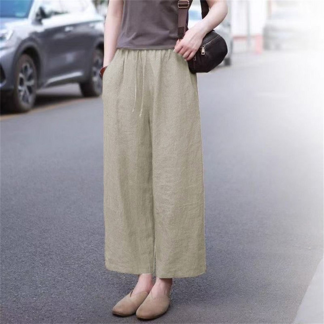 TKX 여성 린넨 와이드 팬츠 여름 통기성 편안한 허리 밴딩 캐주얼 9부 스트레이트 바지 데일리 코디 심플 스타일 오피스룩 바캉스룩